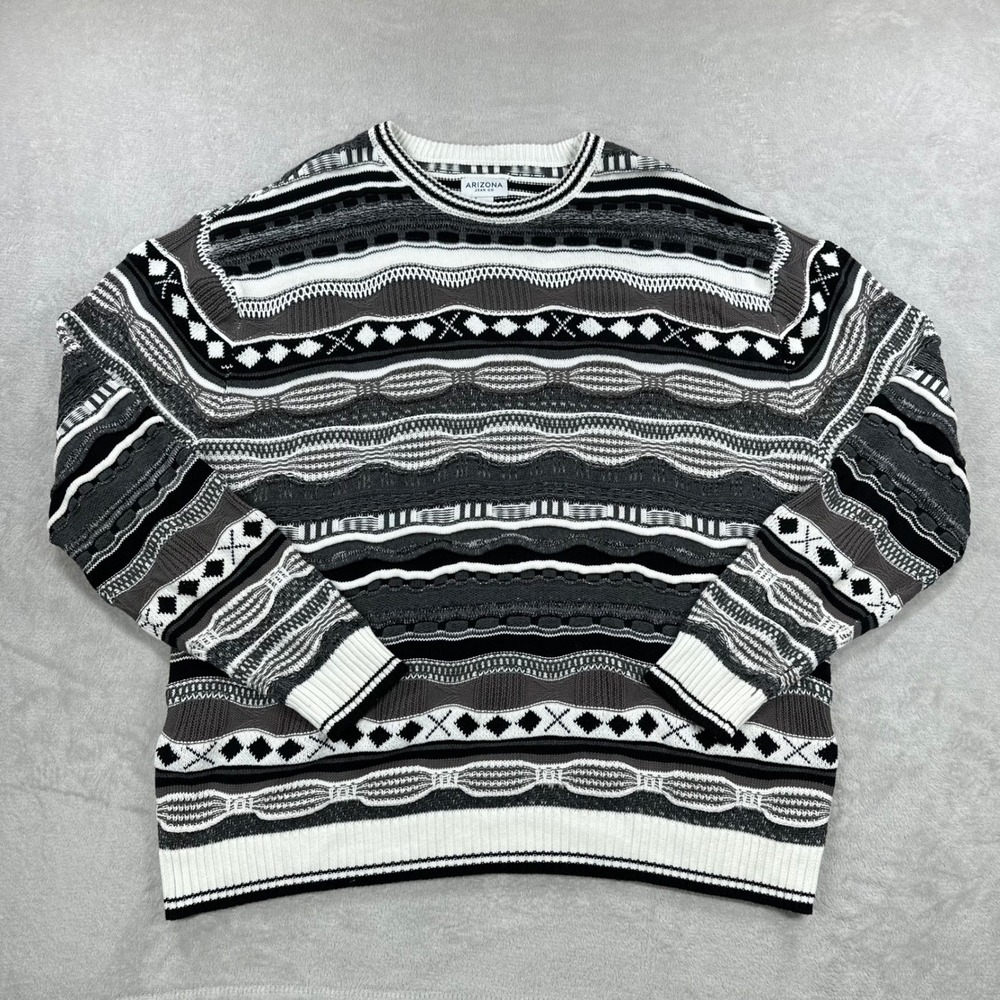 Arizona Jean Co Sweater Mens XL Black White 3D Knit Crewneck Geometric Cosby